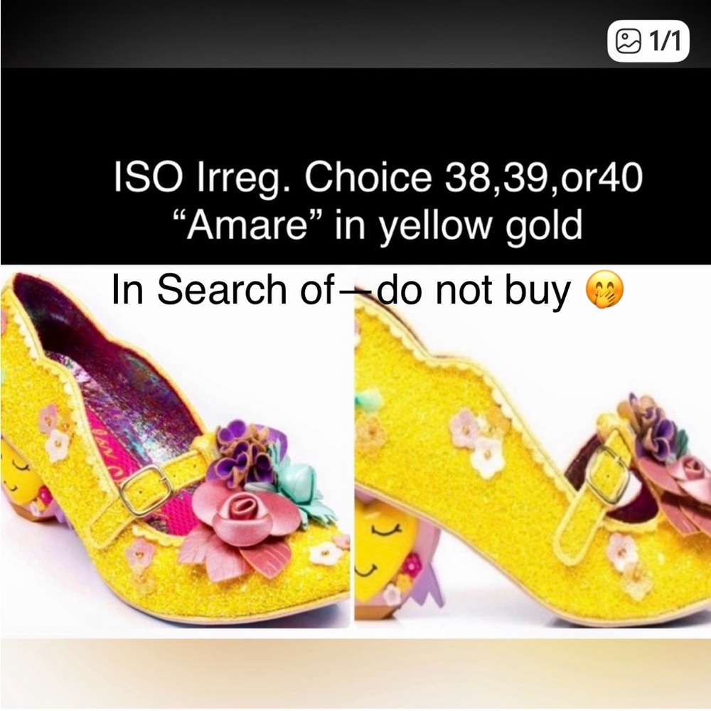 ISO~Irregular Choice “Amare” in Yellow Glitter Gold with heart heel, size 39+